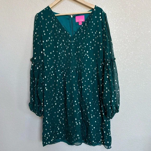 Lilly Pulitzer Cleme Spruce Green Silk Gold Metallic Dot Dress Size 14 - Picture 4 of 11